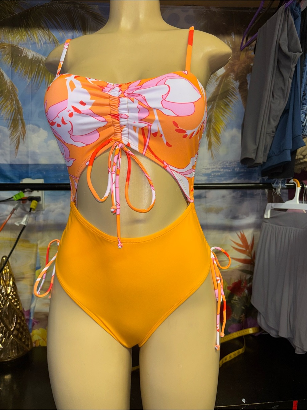 Amazon Essentials Orange and Pink Floral Cutout One-Piece Swimsuit